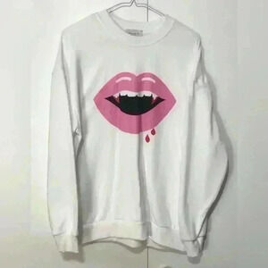 if it were me, women Halloween Pink Vampire Lips on White Sweatshirt size Small